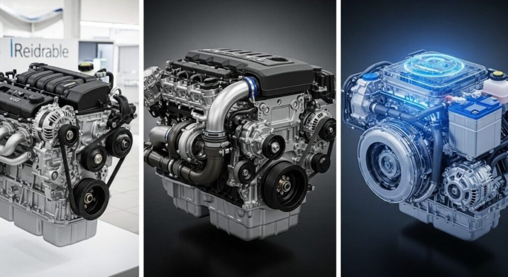 「新型ランクルFJのパワートレインは？」をテーマにした挿絵。ガソリン、ディーゼル、ハイブリッドの3種類のエンジンが並び、それぞれの持つ異なるキャラクターを象徴している。