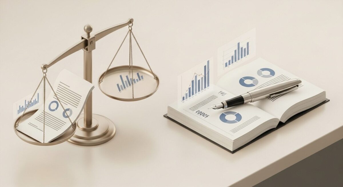 「特定商取引法に基づく表記」をテーマにした挿絵。書類・契約・バランススケールを組み合わせ、取引の公正さと透明性を表現したビジュアル。