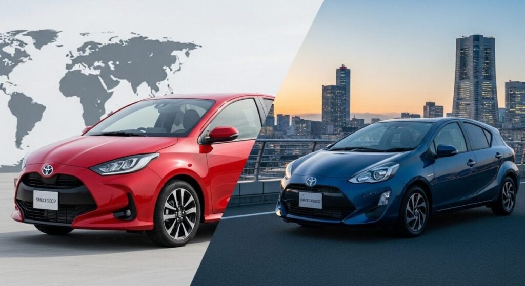 「ヤリスとアクアの基本を比較」をテーマにした挿絵。左側には世界地図を背景にしたスポーティーなヤリス、右側には洗練された日本の都市を背景にした上質なアクアが並び、コンセプトの違いを象徴している。