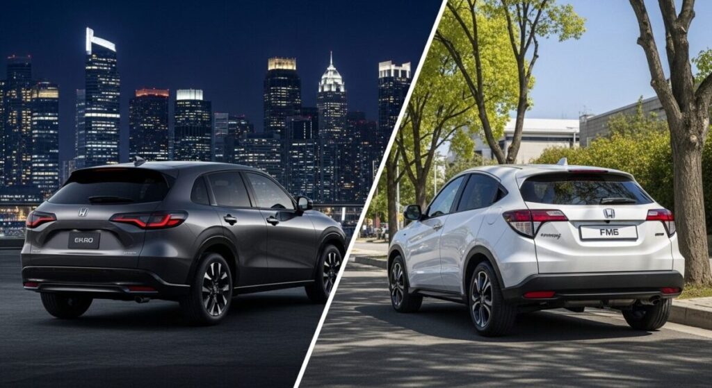 「ZR-Vとヴェゼル比較の結論」をテーマにした挿絵。夜の都市を背景にするZR-Vと、昼の住宅街を背景にするヴェゼルが背中合わせに並び、それぞれの持つ異なる魅力を象徴している。