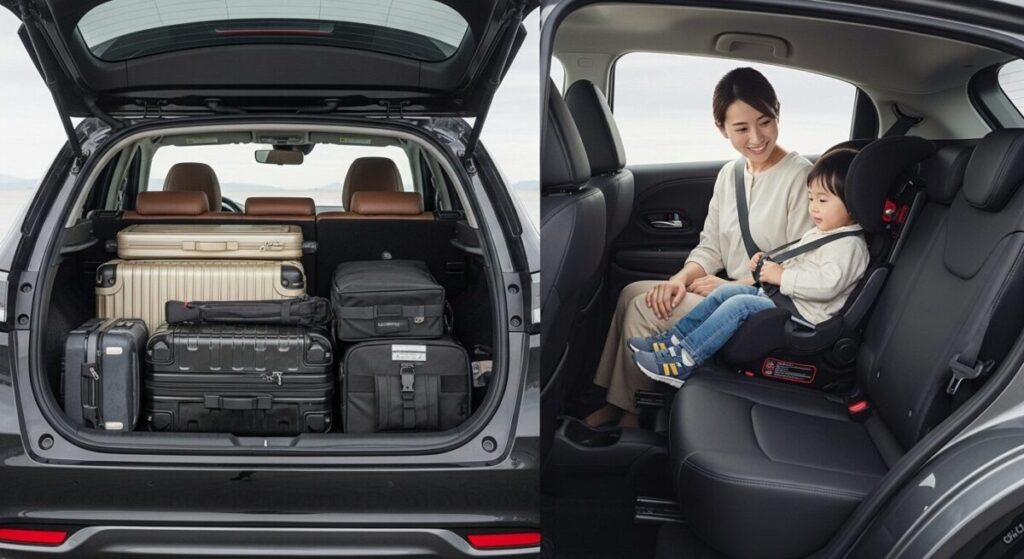 「ZR-Vとヴェゼルのサイズ比較の結論」をテーマにした挿絵。キャンプ用品を満載したZR-Vの荷室と、家族が快適にくつろぐヴェゼルの後部座席が並び、それぞれの強みを象徴している。