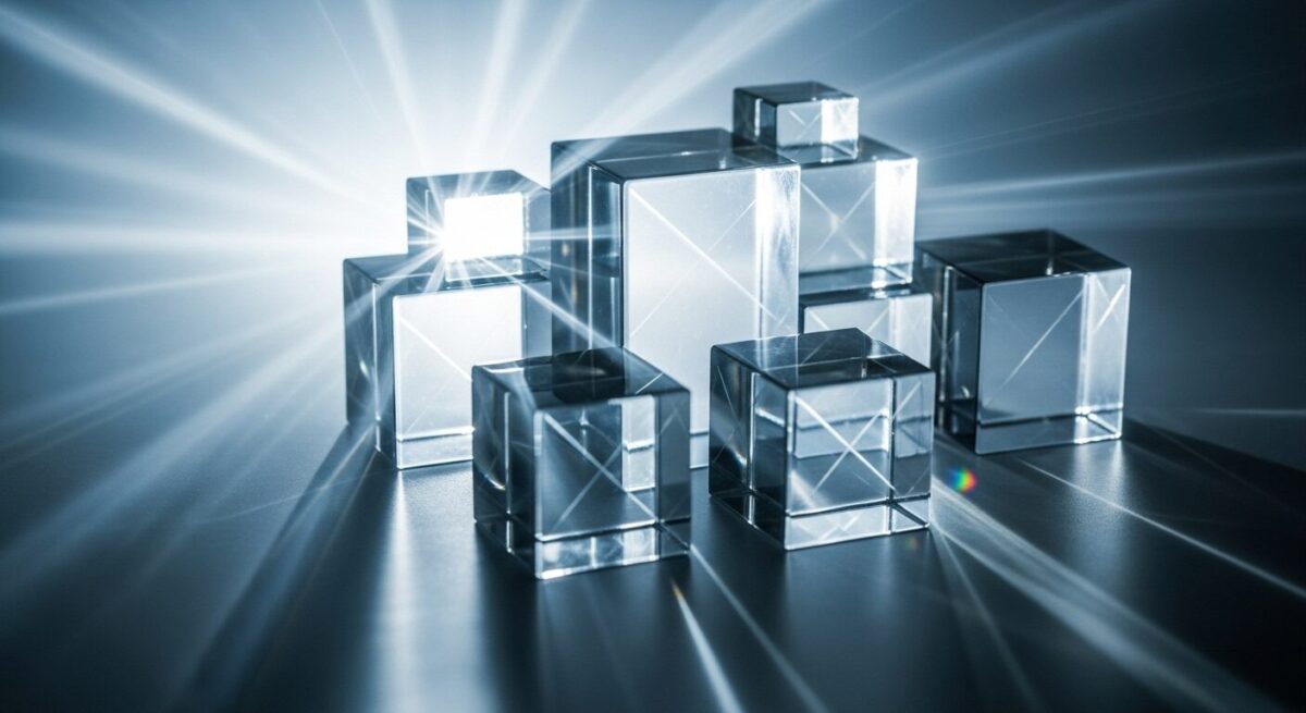 「免責事項」をテーマにした挿絵。透明なガラスブロックと柔らかな光が交差し、情報の正確性と責任範囲の明確化を象徴。