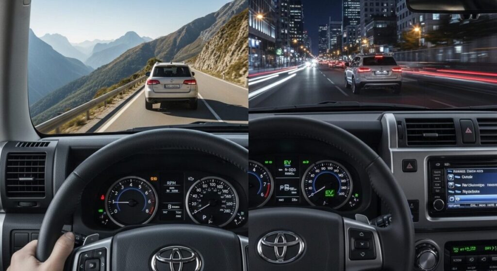 「走行フィール比較」をテーマにした挿絵。ドライバー視点から見たダッシュボード越しの風景。ディーゼル車が力強く坂を上り、ハイブリッド車は静かに都会を走り、それぞれの乗り味の違いを表現している。