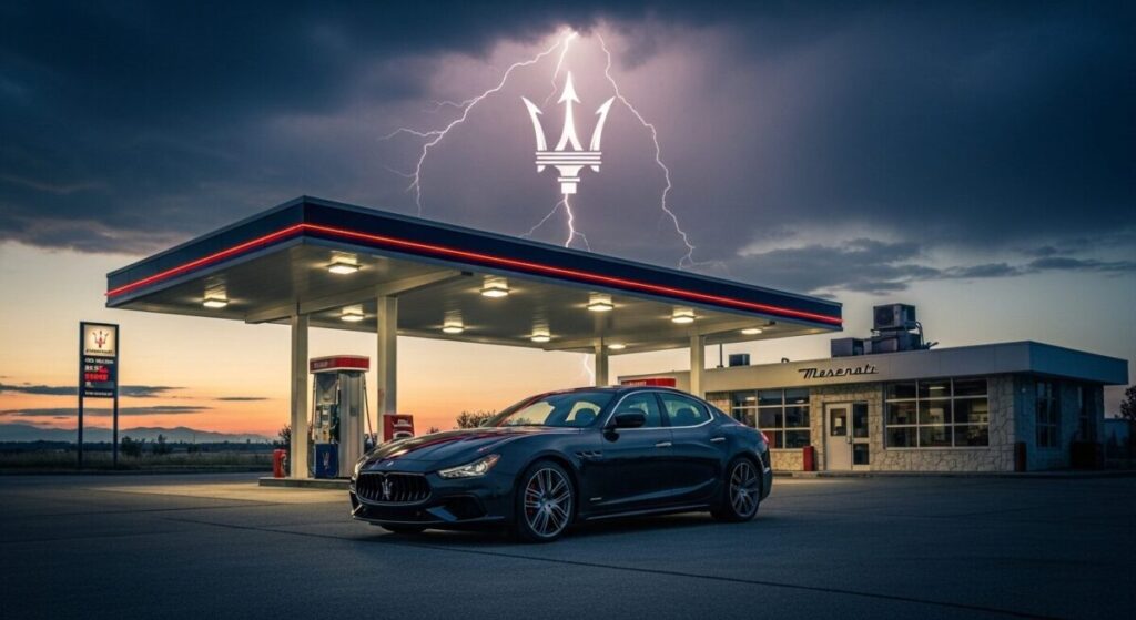 「新型マセラティ ギブリの全貌とモデルチェンジの核心」をテーマにした挿絵。夕暮れのガソリンスタンドで佇むV8エンジン搭載のギブリと、背景の空に輝く稲妻が、伝統の終わりと電動化の未来「フォルゴーレ」を象徴している。