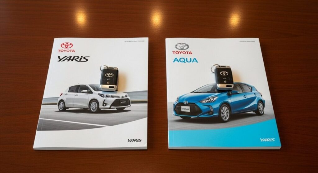 「価格で比較」をテーマにした挿絵。高級感のあるディーラーのテーブルに、ヤリスとアクアのカタログ、そしてそれぞれのキーが並べられ、購入前の比較検討の様子を示している。

