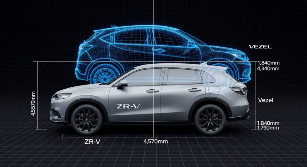 「ZR-Vとヴェゼルの基本サイズ比較」をテーマにした挿絵。ZR-VのCGモデルに、ヴェゼルの半透明なCGモデルが重ねられ、全長や全幅の大きさの違いが寸法線で示されている。