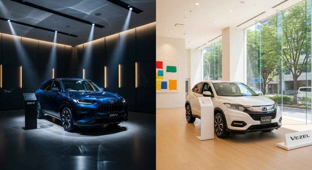 「コンセプトと価格帯の違い」をテーマにした挿絵。高級感のある暗めのショールームにスポットライトを浴びて置かれたZR-Vと、明るく開放的なショールームに置かれたヴェゼルが、それぞれのコンセプトの違いを示している。