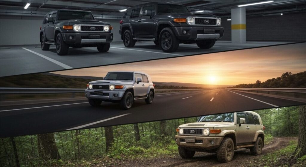 「利用シーン別おすすめエンジン診断」をテーマにした挿絵。都会の夜景を背景にするFJ、高速道路を快走するFJ、そして泥道を力強く進むFJの3つのシーンが描かれ、多様なライフスタイルを象徴している。