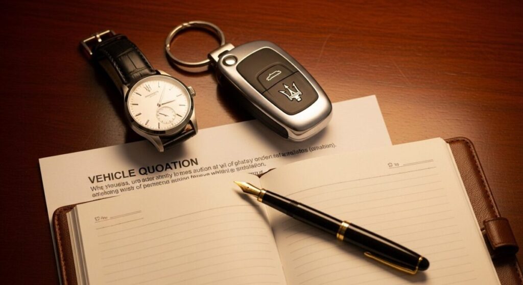 「マセラティ ギブリの価格はいくら?」をテーマにした挿絵。磨き上げられたウッドデスクの上に、マセラティのキー、高級腕時計、そして見積書が置かれ、ギブリの持つ資産価値と購入検討のシーンを象徴している。