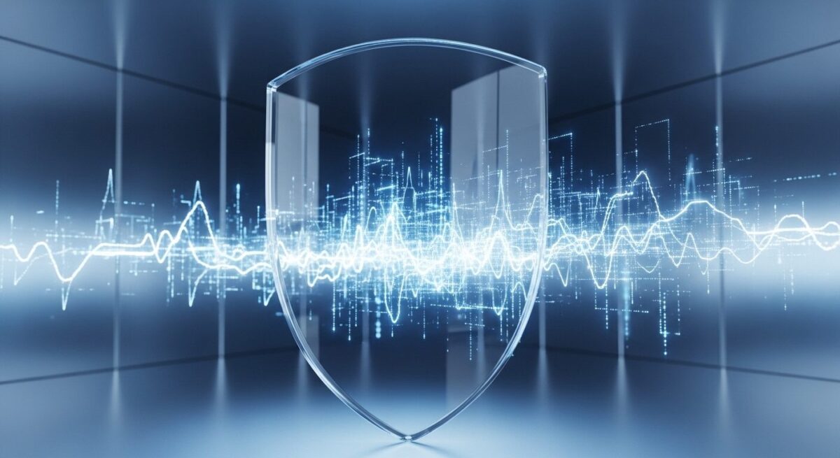 「プライバシーポリシー」をテーマにした挿絵。透明なデータシールドと光のラインが交差し、個人情報の保護と信頼性を象徴する抽象的な構図。