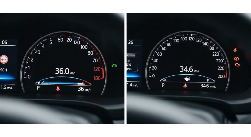 「燃費で比較」をテーマにした挿絵。ヤリスとアクアのデジタルメーターが並び、それぞれに優れた燃費の数値が表示されており、両車の経済性の高さを象徴している。