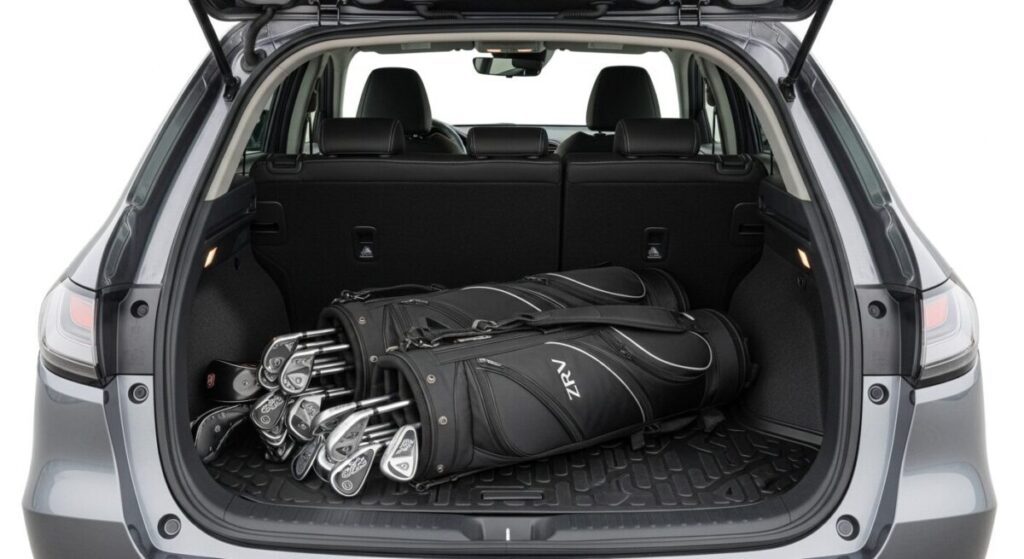 「ZR-Vとヴェゼルの荷室比較」をテーマにした挿絵。ZR-Vの広々とした荷室に、2つのゴルフバッグが楽々と横向きに積まれており、その圧倒的な積載能力を示している。