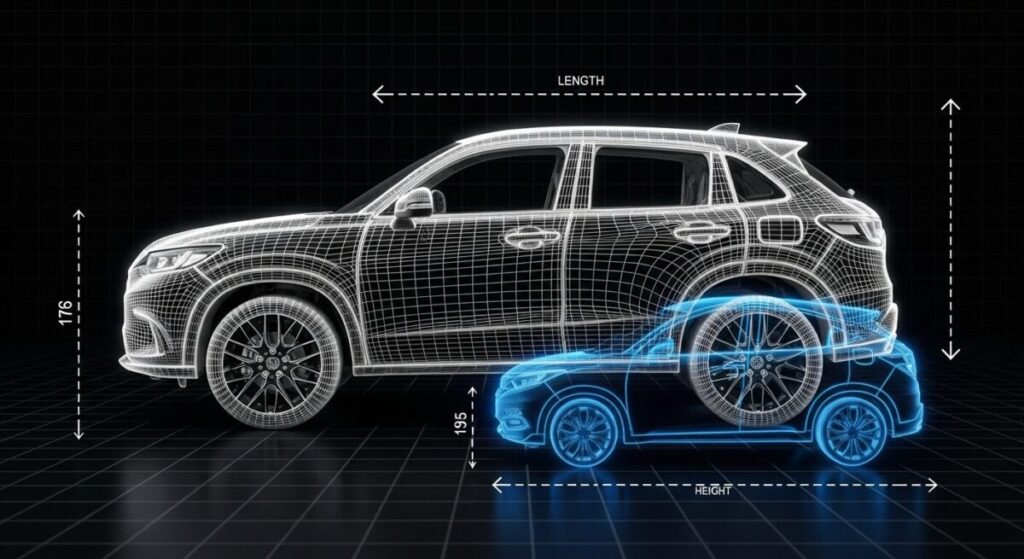 「サイズ比較」をテーマにした挿絵。ZR-Vとヴェゼルのサイドビューのシルエットを半透明で重ね合わせ、全長や全高の大きさの違いを分かりやすく図解している。