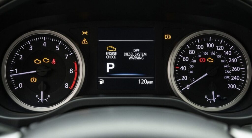 「各パワートレインの注意点」をテーマにした挿絵。ランクルFJのモダンなデジタルメーターに、エンジンチェックランプやDPF警告灯などのアイコンがスタイリッシュに表示され、注意点を理解する必要性を示唆している。