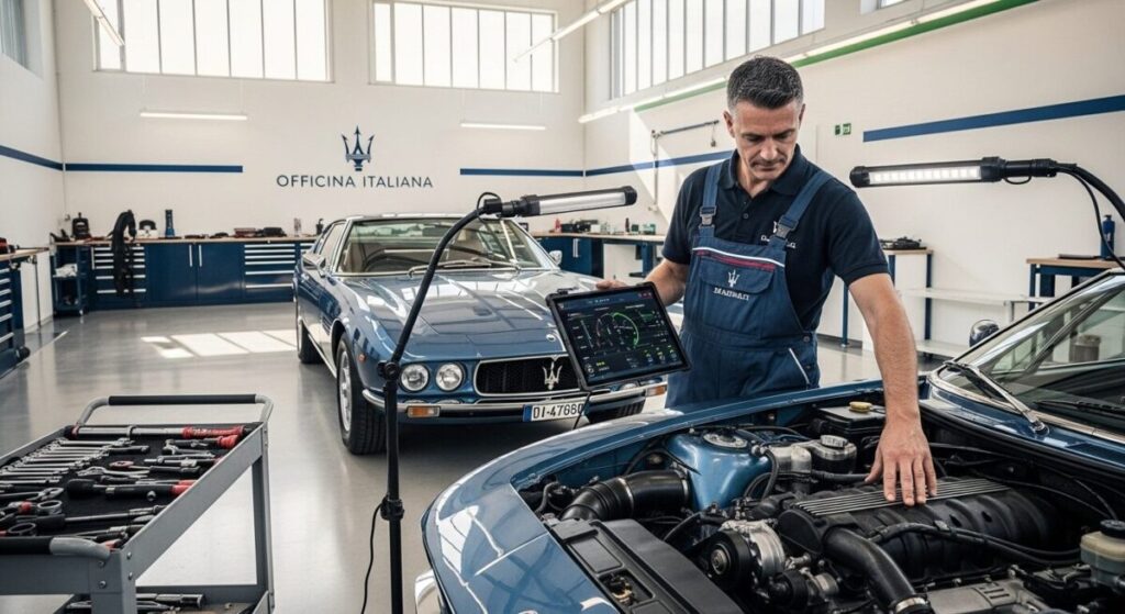 「マセラティ ギブリの維持費は高い?」をテーマにした挿絵。清潔で明るい専門整備工場で、整備士が診断用ラップトップを使いながらギブリのエンジンルームを点検しており、信頼性の高いメンテナンスを象