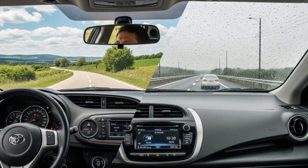 「走行性能で比較」をテーマにした挿絵。左側ではヤリスがワインディングロードを軽快に駆け抜け、右側ではアクアが雨の高速道路を安定して走行しており、それぞれの乗り味の違いを表現している。