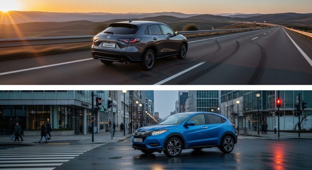 「燃費・走り比較」をテーマにした挿絵。高速道路をスムーズに駆け抜けるZR-Vと、街中の交差点を軽快に曲がるヴェゼルが対比され、走行性能の違いを示している。