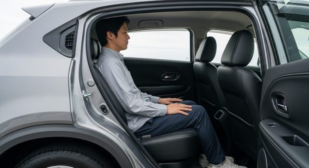 「ZR-Vとヴェゼルの後席比較」をテーマにした挿絵。ヴェゼルの後部座席に身長の高い日本人男性が座っても、膝の前にこぶし2つ分以上の余裕があり、その驚くほどの足元の広さを示している。