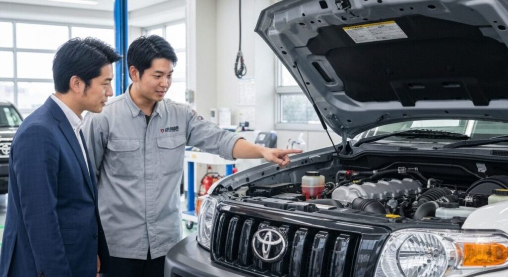 「エンジン・燃費に関するよくある質問」をテーマにした挿絵。清潔なディーラーの整備工場で、ランクルFJのエンジンルームを前に、日本人オーナーが整備士から熱心に説明を聞き、疑問を解消している。