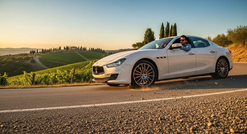 「マセラティ ギブリの評価・評判は?」をテーマにした挿絵。初秋の美しいワインディングロードを、白いギブリが駆け抜ける。運転席の日本人ドライバーは、ドライビングを心から楽しんでいる満足げな表情を浮かべている。