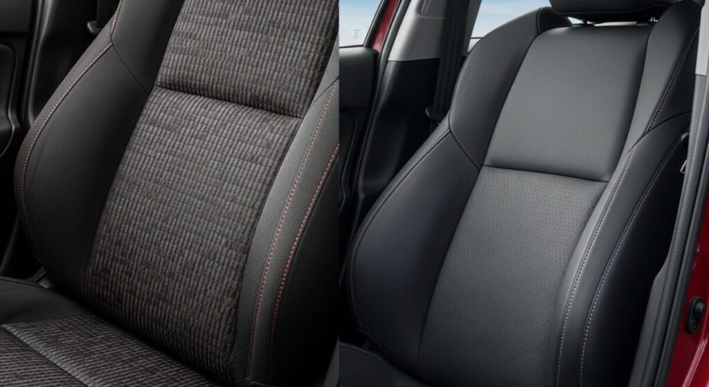 「内外装で比較」をテーマにした挿絵。ヤリスのスポーティーなファブリックシートと、アクアの上質な合成皮革シートの質感を並べて比較し、デザインコンセプトの違いを示している。