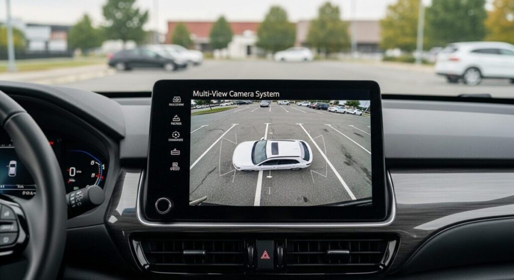 「ZR-Vの運転しやすさ」をテーマにした挿絵。ZR-Vのインフォテインメント画面に、駐車支援のためのマルチビューカメラ映像（トップダウンビュー）が鮮明に映し出されており、先進性と安全性を象徴している。