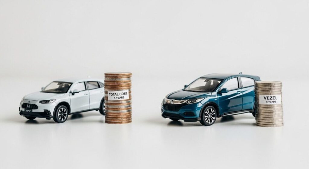 「維持費・リセール比較」をテーマにした挿絵。ZR-Vとヴェゼルのミニカーの横に、それぞれ5年間のトータルコストを象徴するコインの山が置かれ、その差を視覚的に示している。