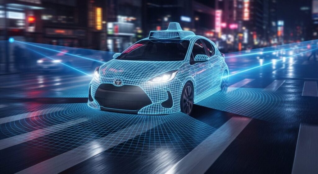 「安全性能で比較」をテーマにした挿絵。夜の街を走る車の周囲に、センサーが張り巡らされ、歩行者や他の車を検知している様子が青い光のCGで描かれ、先進の安全技術を象徴している。