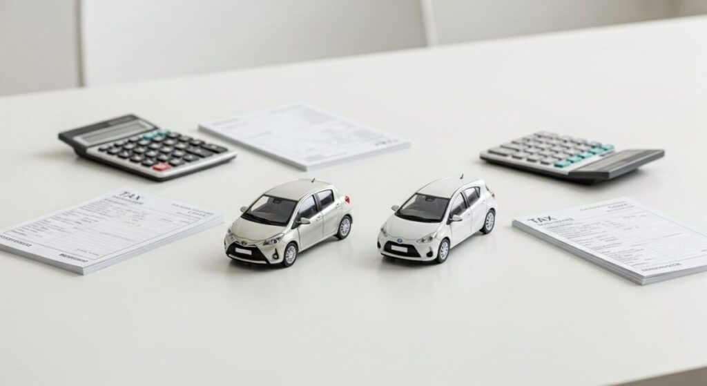 「維持費で比較」をテーマにした挿絵。ヤリスとアクアのミニカーの横に、それぞれ電卓と税金・保険の書類が置かれ、トータルコストの比較検討を象徴している。