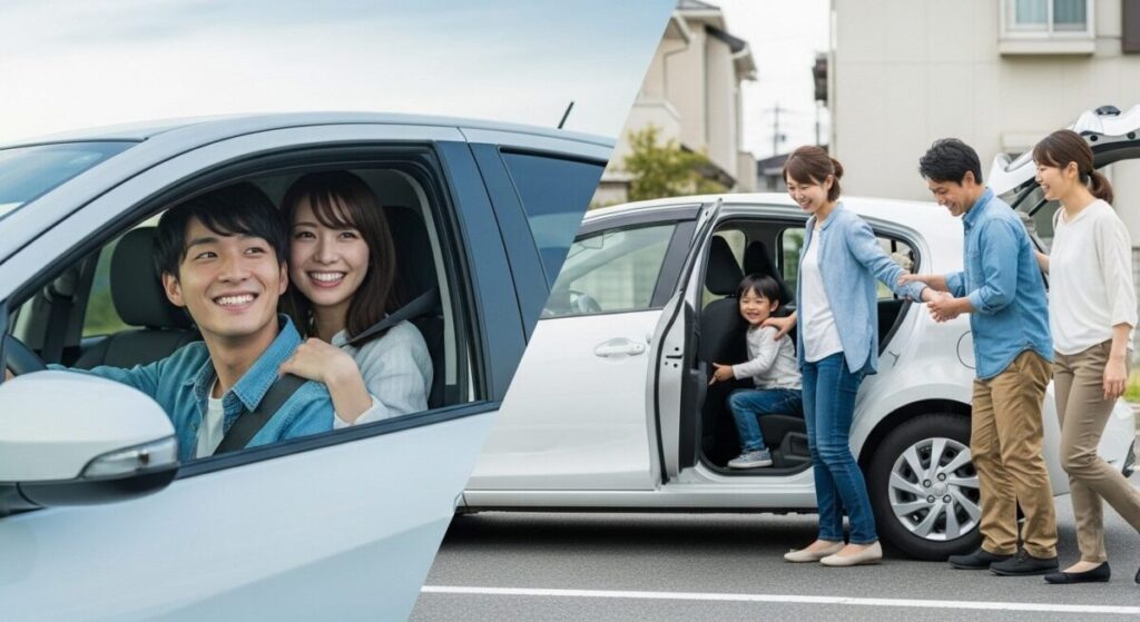 「結論：あなたに合うのはどっち？」をテーマにした挿絵。左側では若いカップルがヤリスでドライブを楽しみ、右側では小さな子供連れのファミリーがアクアの広い後席に乗り込んでおり、それぞれのライフスタイルを示唆している。