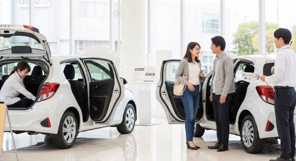 「ヤリスとアクアの比較でよくある質問」をテーマにした挿絵。ホンダのディーラーで、ヤリスとアクアの実車を前に、日本人夫婦が後部座席のドアを開けて広さを比較するなど、熱心に検討している。