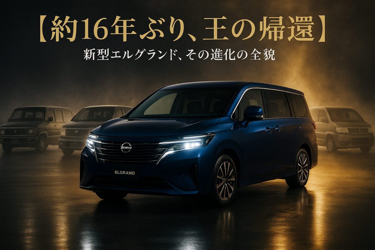 歴代モデルのシルエットを背に、未来的な空間に佇む新型エルグランド。この記事のテーマである「エルグランド フルモデルチェンジ 歴代 比較」を象徴する一枚。