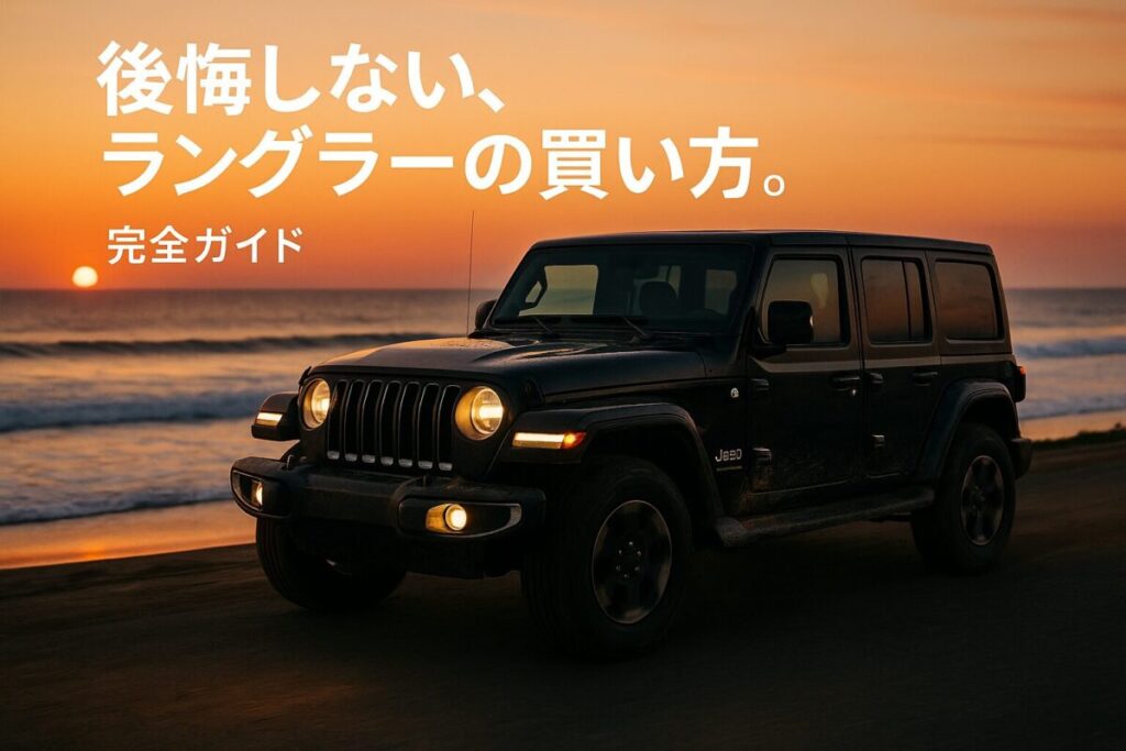 夕暮れの海岸を走る黒いジープ ラングラー。この記事のテーマである「ジープ ラングラー 総合ガイド」を象徴し、価格や燃費、後悔しない選び方を解説する一枚。