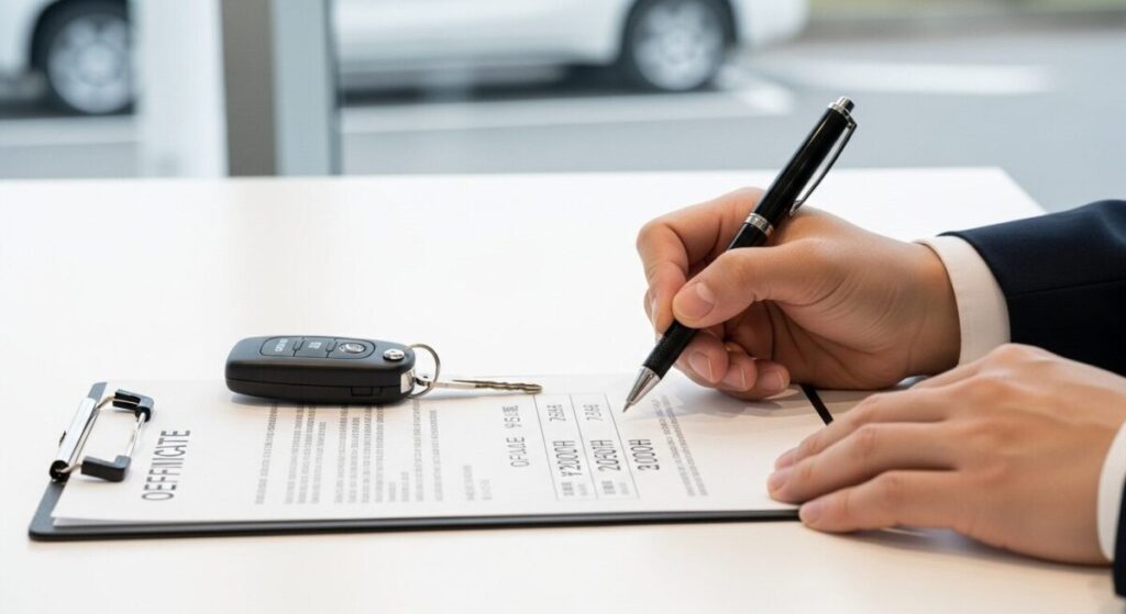 「新型ランクルFJの購入に必要な初期費用はいくら？価格と乗り出し総額」をテーマにした挿絵。ディーラーのテーブルで見積書を確認し、契約書にサインしようとしている場面。
