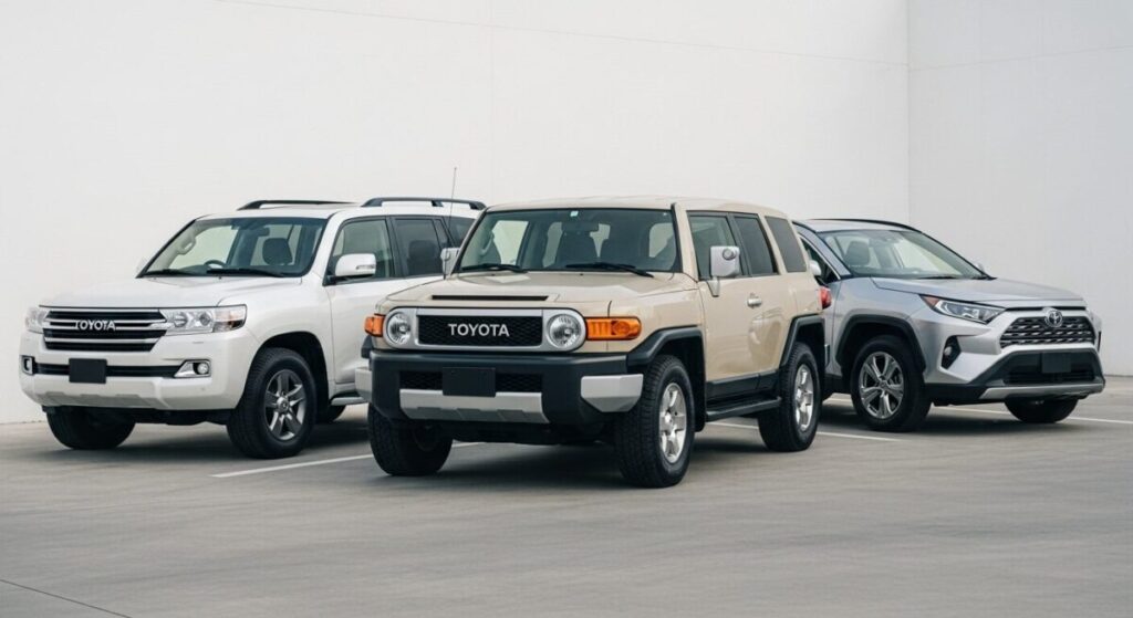 「新型ランクルFJはランクル250・RAV4とどれだけ違う?サイズを比較」をテーマにした挿絵。広大な駐車場で横一列に並んだ3台のSUVが、その車体の大きさを明確に比較している。