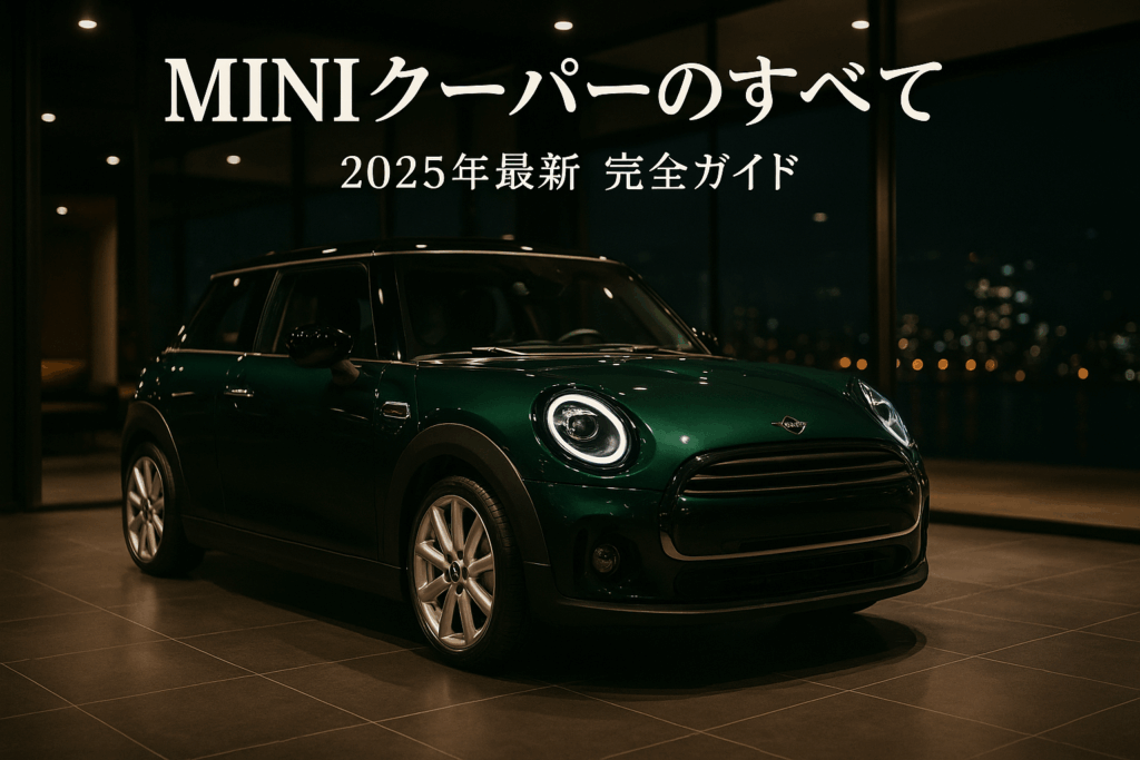 夜のショールームに展示されたブリティッシュ・レーシング・グリーンのMINIクーパー。この記事のテーマである「MINIクーパーとは何か」を、その洗練されたデザインと高級感で象徴する一枚。
