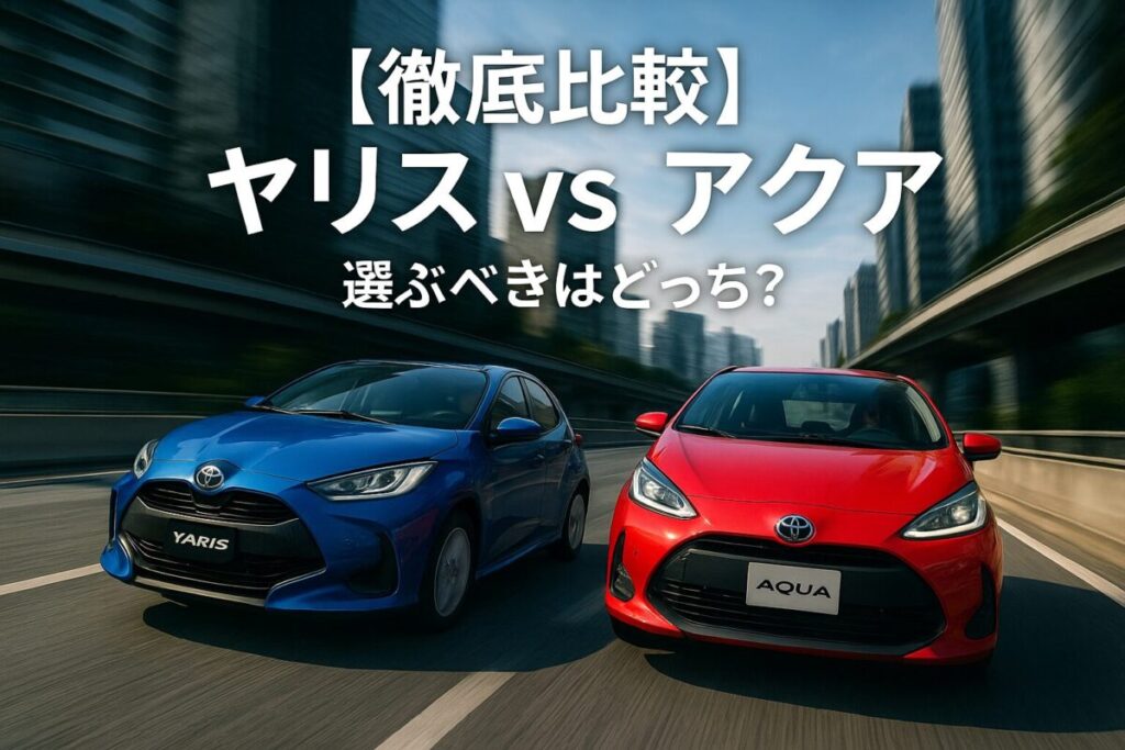 都市の高速道路を疾走する青いヤリスと赤いアクアを分割画面で比較している画像。この記事のテーマである「ヤリスとアクアの比較」を象徴する一枚。