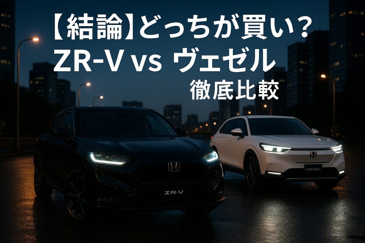 夜明けの都会を背景に並ぶホンダZR-Vとヴェゼル。この記事のテーマである「ZR-V ヴェゼル 比較」を行い、どちらを買うべきか結論を出す一枚。