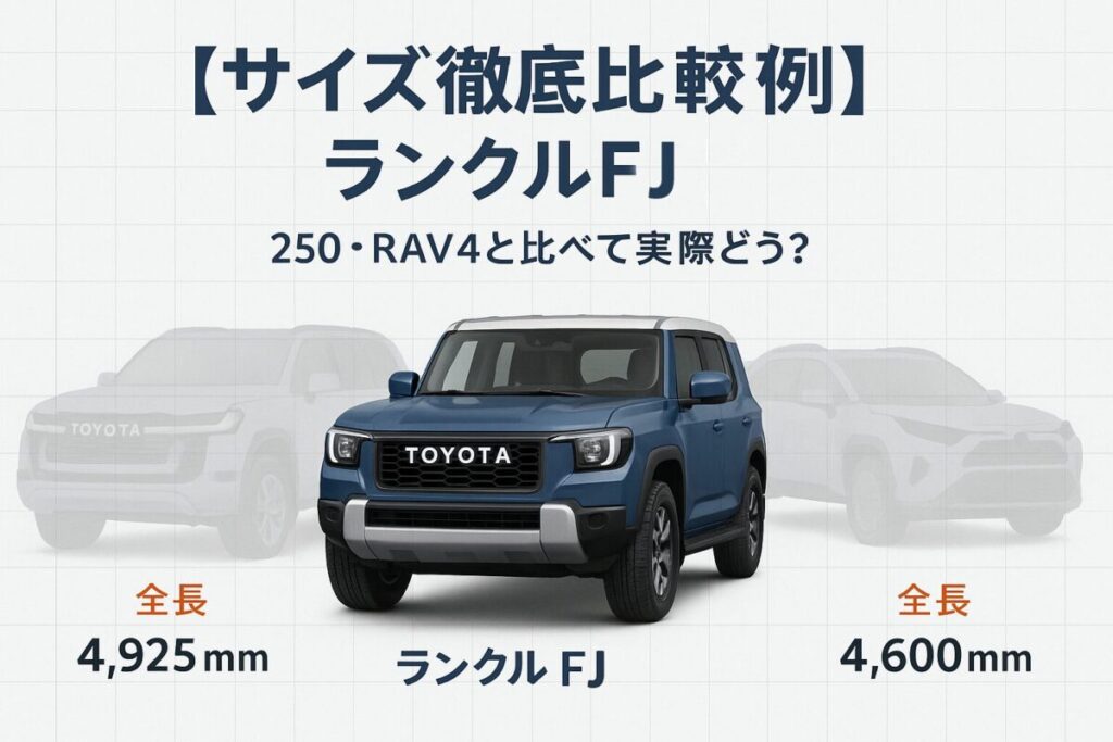 ランクルFJ、ランクル250、RAV4のサイズを比較するインフォグラフィック。この記事のテーマである「ランクルFJのサイズ比較」を象徴する一枚。