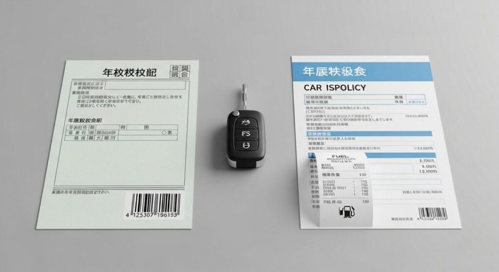 「ランクルFJを所有すると毎年いくらかかる？年間維持費を全解説」をテーマにした挿絵。机の上に置かれた自動車税納税通知書、保険証書、そしてガソリンスタンドのレシートが年間コストを物語っている。