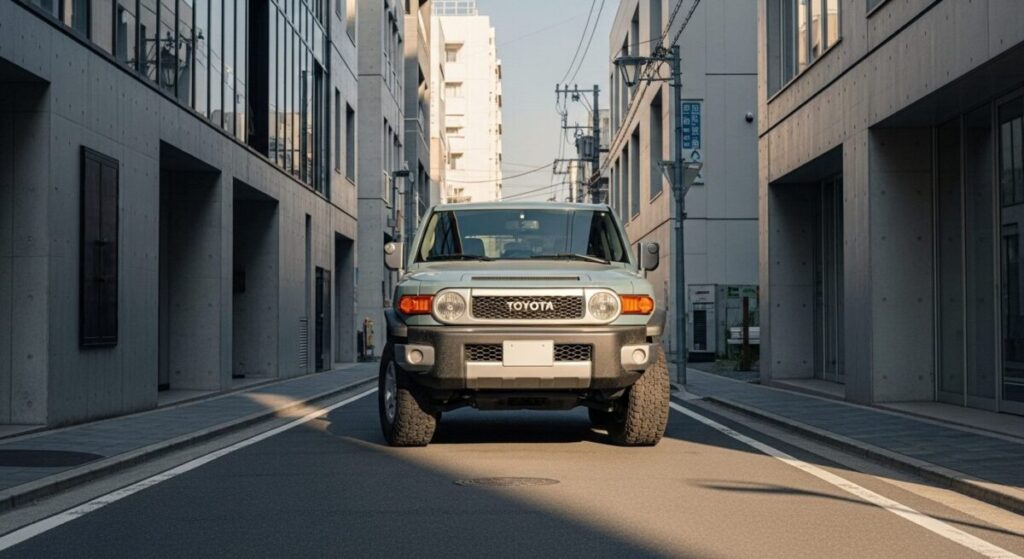 「なぜこのサイズに?新型ランクルFJの設計思想とデザインの秘密」をテーマにした挿絵。都会のモダンな建築物を背景に佇むランクルFJ。そのタフなデザインが、日常に溶け込む本格オフローダーというコンセプトを象徴している。