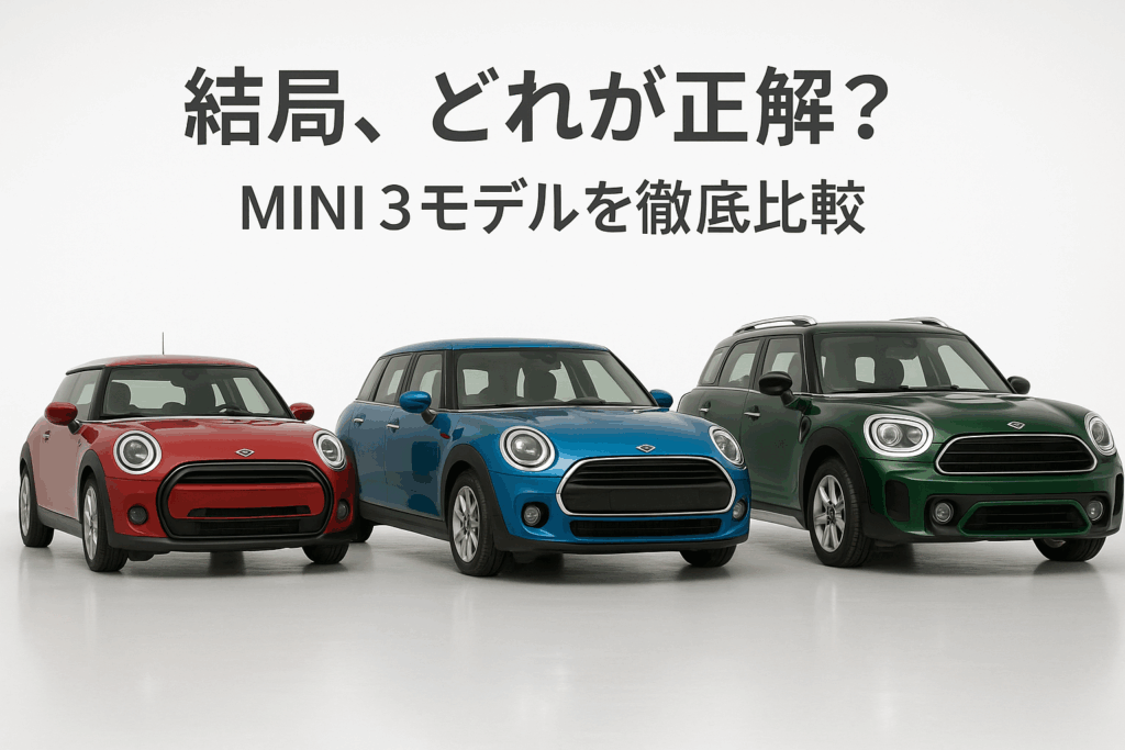 白いスタジオに並んだMINIクーパーの3ドア、5ドア、クロスオーバーの3台。この記事のテーマである「MINIクーパーのモデル比較」を、3台を並べることで直接的かつ分かりやすく表現している。