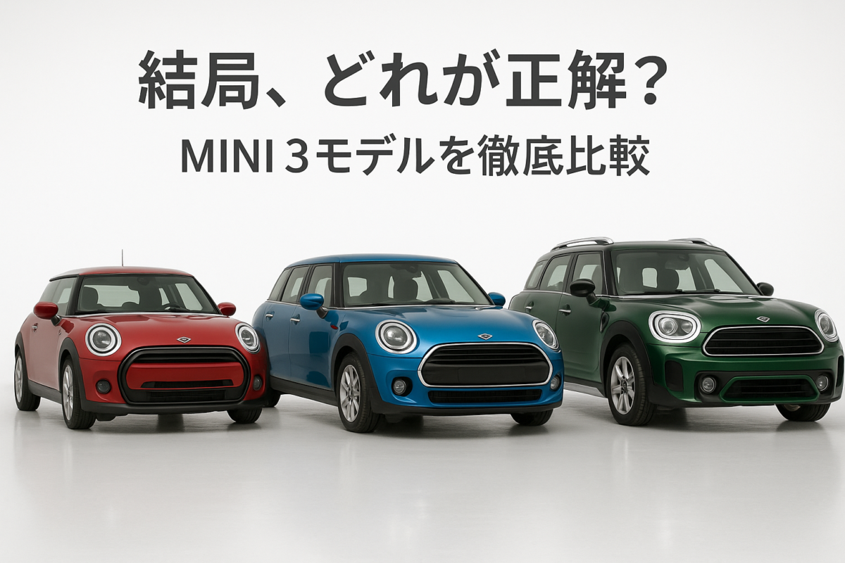 白いスタジオに並んだMINIクーパーの3ドア、5ドア、クロスオーバーの3台。この記事のテーマである「MINIクーパーのモデル比較」を、3台を並べることで直接的かつ分かりやすく表現している。