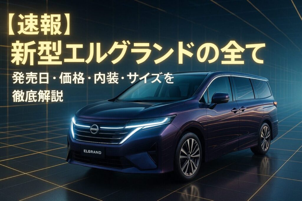 未来的な空間に浮かび上がる新型エルグランド。この記事のテーマである「新型エルグランドの発売日、価格、内装」に関する情報を網羅していることを象徴する一枚。