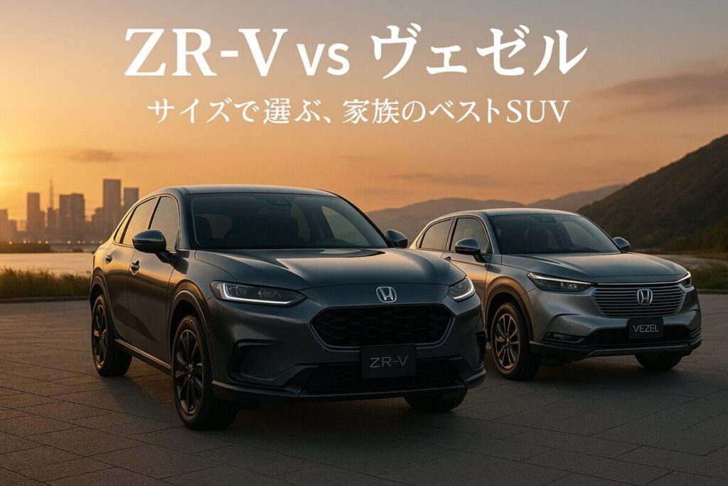夕暮れの都市の駐車場に並んで駐車されたホンダZR-Vとヴェゼル。両車のサイズ感の違いが際立つ構図で、この記事のテーマである「ZR-V ヴェゼル サイズ 比較」を象徴する一枚。