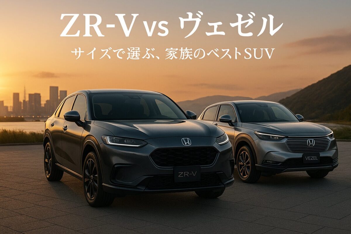 夕暮れの都市の駐車場に並んで駐車されたホンダZR-Vとヴェゼル。両車のサイズ感の違いが際立つ構図で、この記事のテーマである「ZR-V ヴェゼル サイズ 比較」を象徴する一枚。