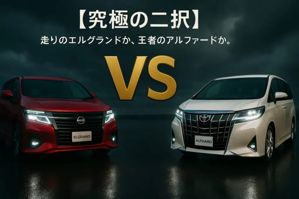 嵐の空の下で睨み合う新型エルグランドとアルファード。この記事のテーマである「エルグランドとアルファードの比較」における究極の選択を象徴する一枚。