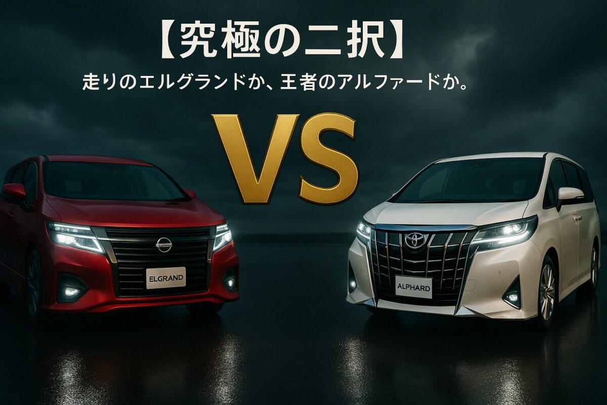 嵐の空の下で睨み合う新型エルグランドとアルファード。この記事のテーマである「エルグランドとアルファードの比較」における究極の選択を象徴する一枚。
