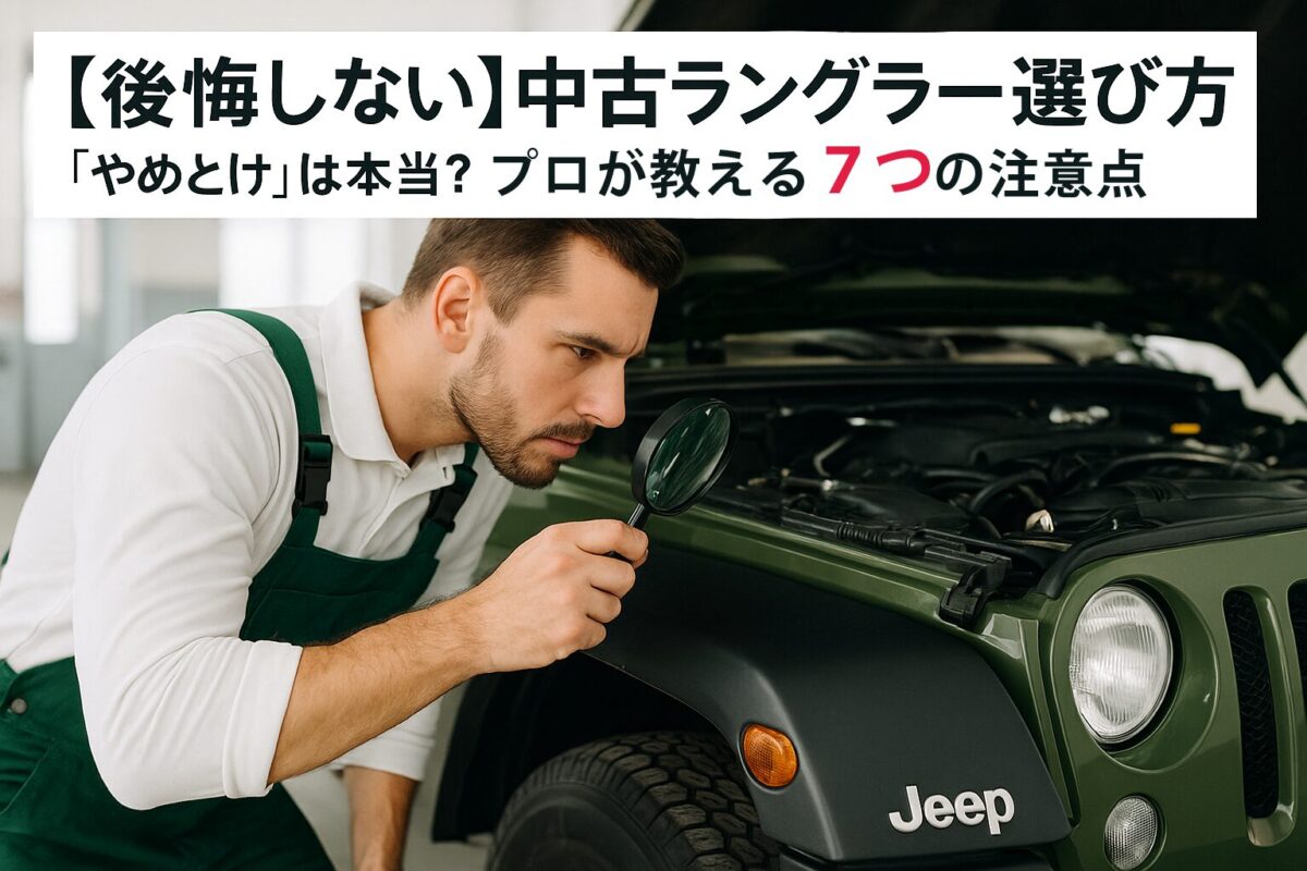 プロの整備士が中古のジープ・ラングラーをチェックしている様子。この記事のテーマである「ジープ ラングラー 中古 相場 注意点」に基づき、後悔しないための選び方を象徴する一枚。