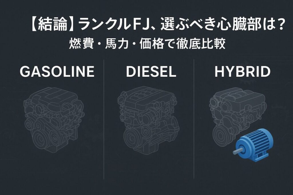 ガソリン、ディーゼル、ハイブリッドの3つの選択肢を示すグラフィック。この記事のテーマである「ランクルFJの燃費と比較、パワートレインの選択」を象徴する一枚。